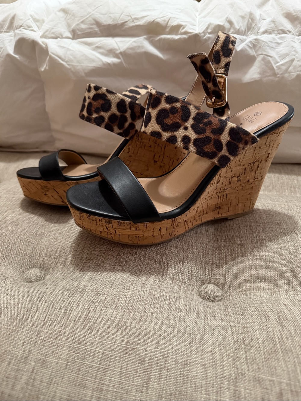 Leopard Cork Wedge Sandals with Black Straps